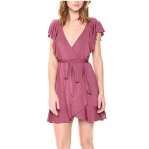 Rachel Pally Lucy Ruffle Wrap Jersey Mini Dress in Dahlia V-Neck Pink Medium